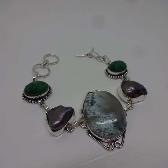 Gorgeous "BARICSITE JASPER, BIWA PEARL, JADE" Handmade Sterling Bracelet - Picture 2 of 3